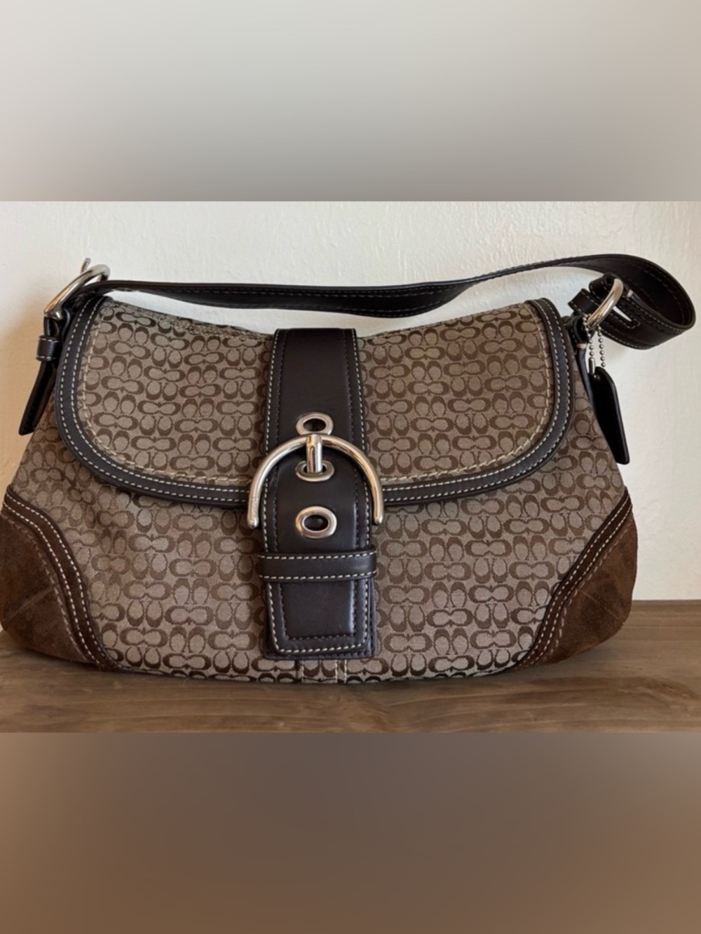 Brown Signature Canvas Shoulder Bag with Buckle Detail